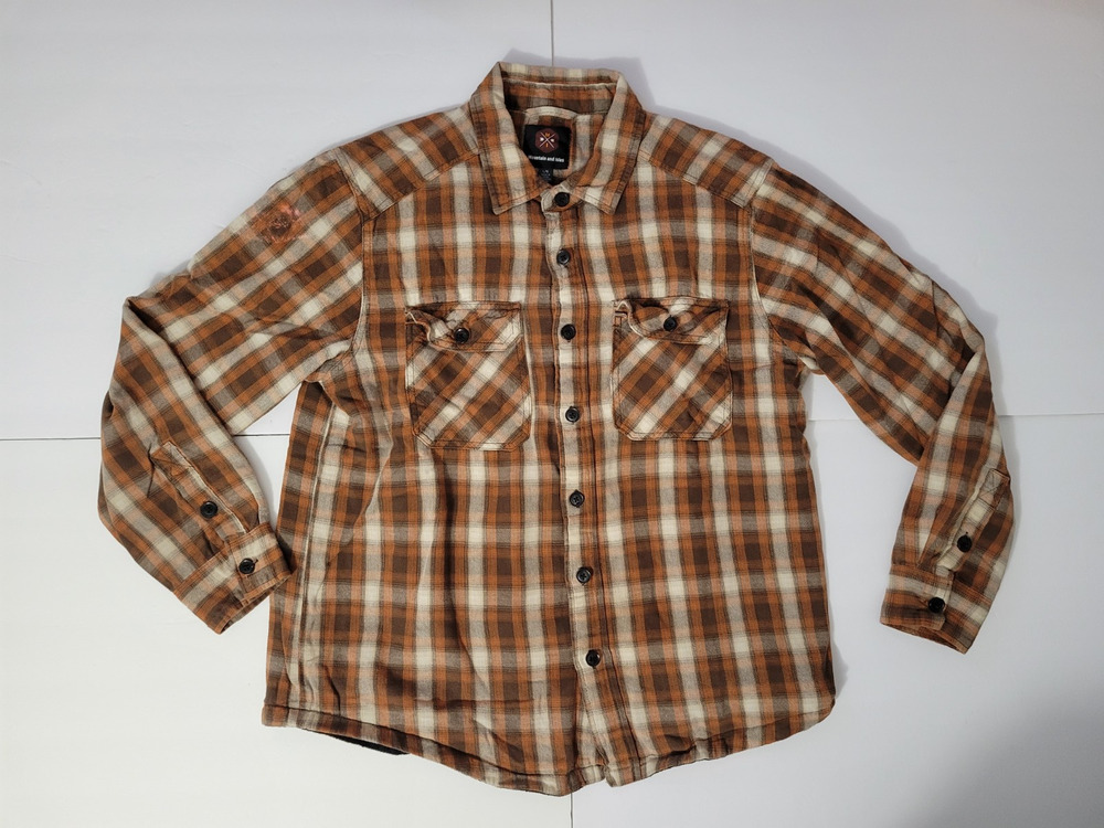 Mountain and Isles Mens L Plaid Shirt Jacket Shacket Brown Orange